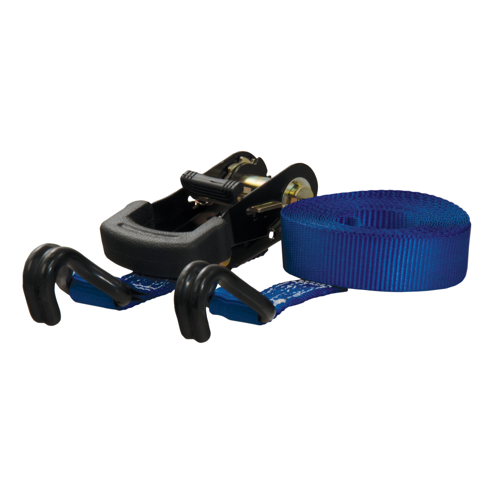 Curt Manufacturing Ratchet Strap — 1in. x 16ft., Blue Nylon, 2,200 Lb. Break Strength, Rubber-Coated J-Hooks, Model# 83019